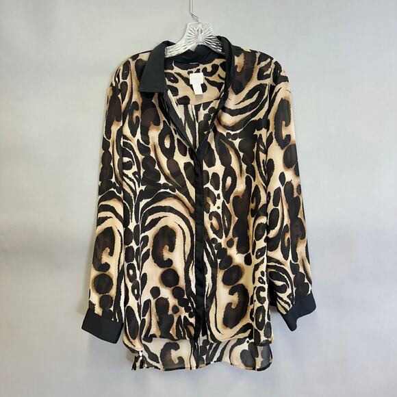 Chico's Ocelot Print Button Up Long Sleeve Blouse Sheer US Size XXL Chicos 4 - Picture 2 of 15
